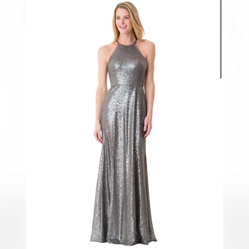 Bari Jay 1662 Steel Grey Sequin Halter Gown